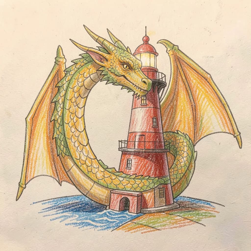 Drawing reference: A dragon curled around a lighthouse — Medium Fantasy sketch