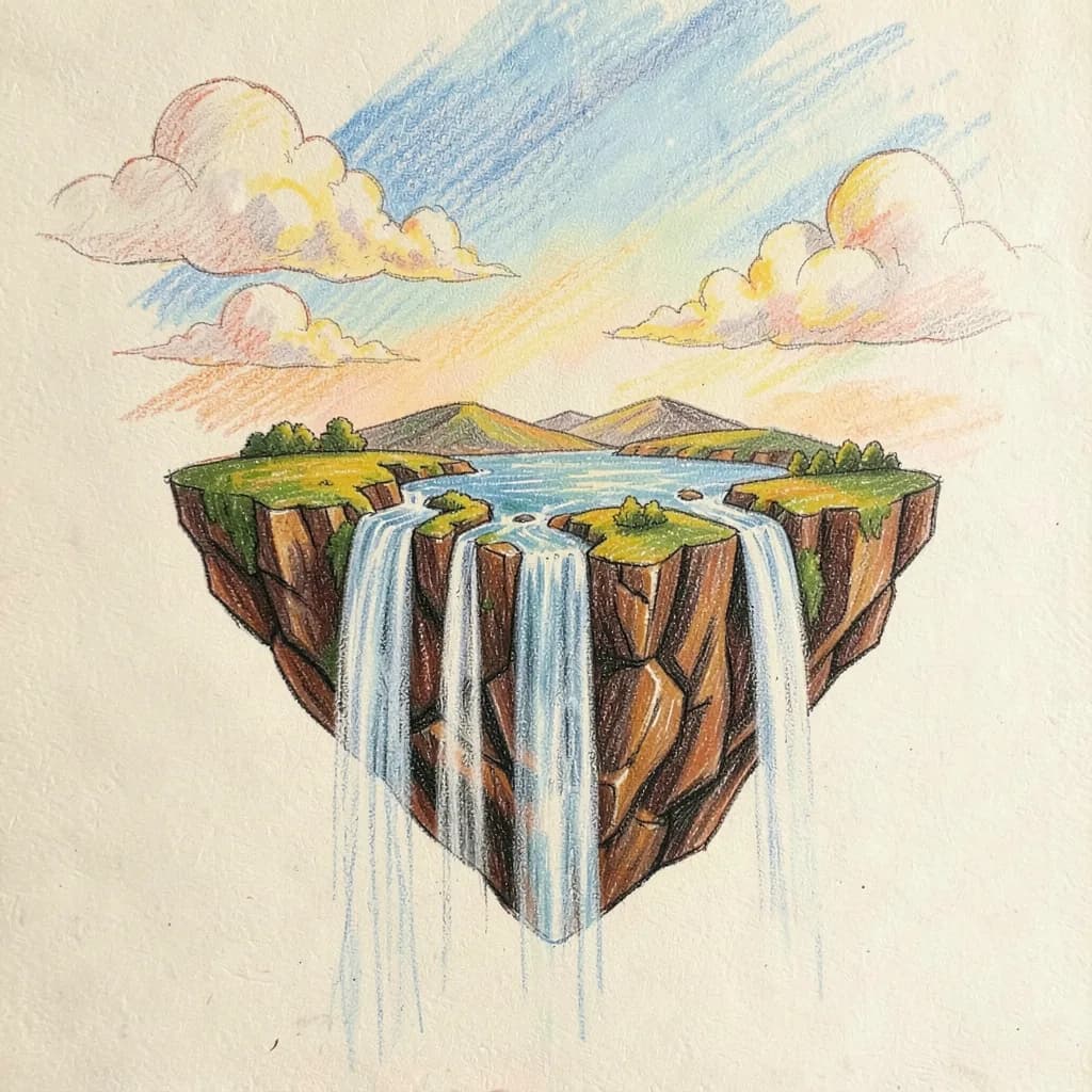 Drawing reference: A floating island with waterfalls pouring into the sky — Hard Fantasy sketch