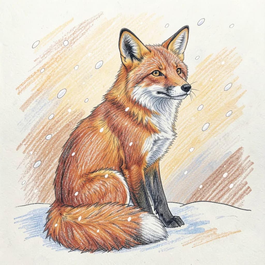 Drawing reference: A fox sitting in snowfall, looking back over its shoulder — Medium Animals sketch
