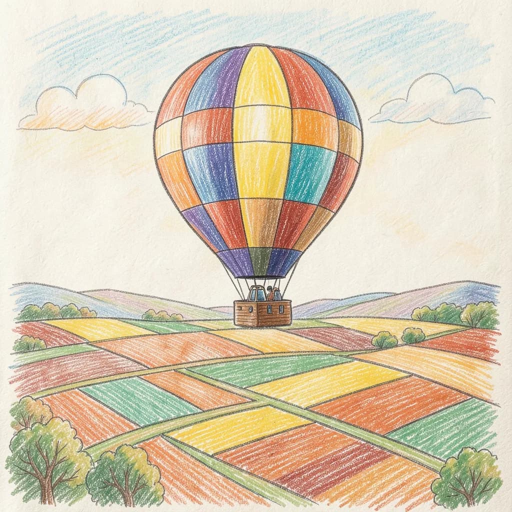 Drawing reference: A hot air balloon drifting over patchwork farmland — Medium Vehicles sketch