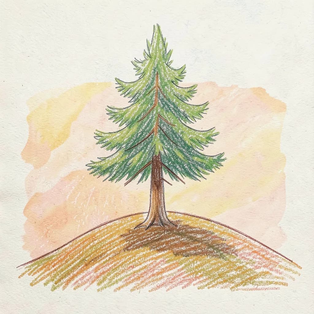 Drawing reference: A single pine tree on a small hill — Easy Nature sketch