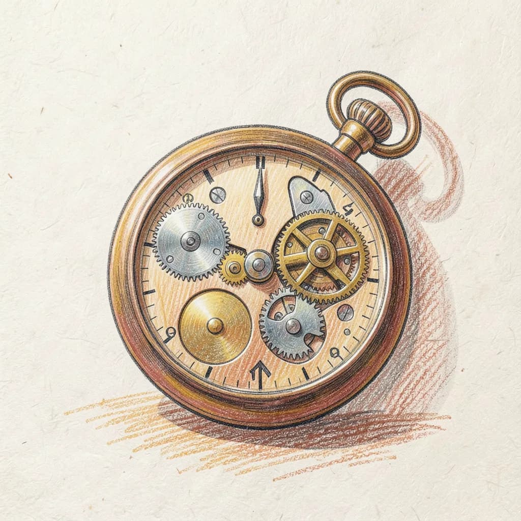 Drawing reference: A pocket watch with exposed gears, caught mid-tick — Hard Objects sketch
