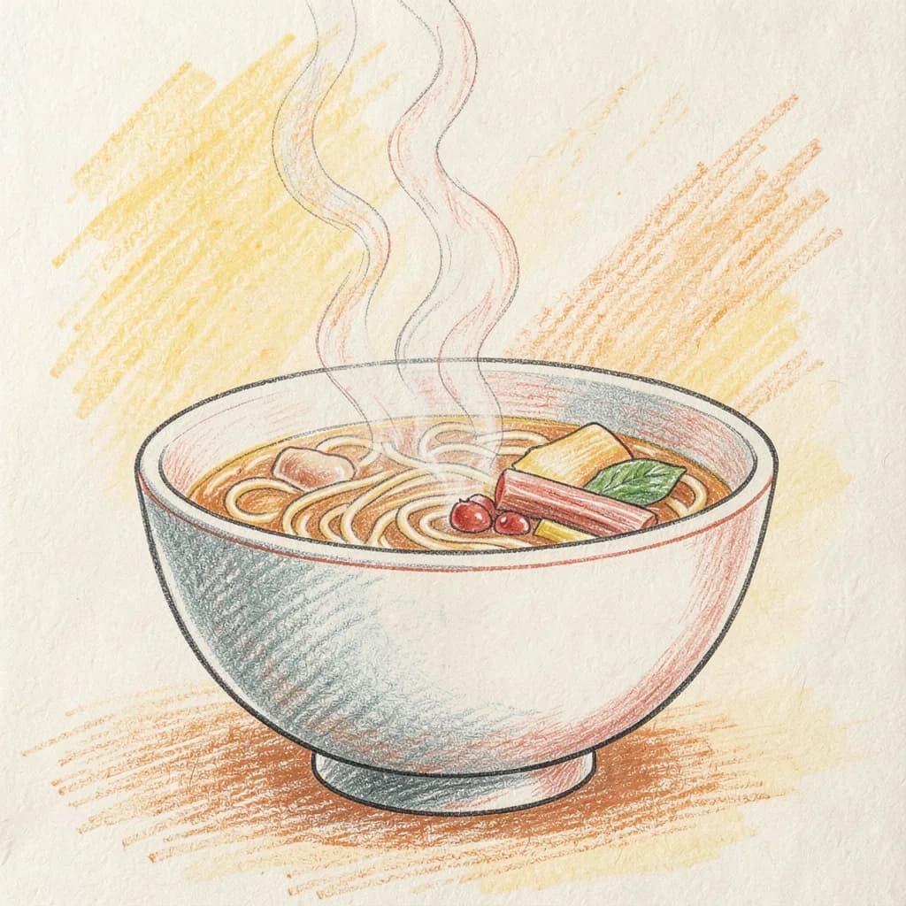 Drawing reference: A bowl of ramen with rising steam swirls — Medium Food sketch