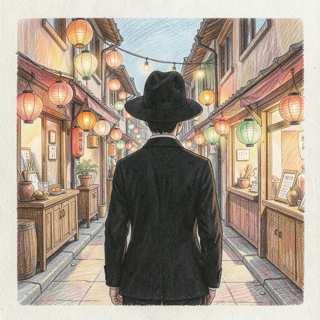 Drawing reference: A spirit market alley glowing with paper lanterns — Hard Anime sketch