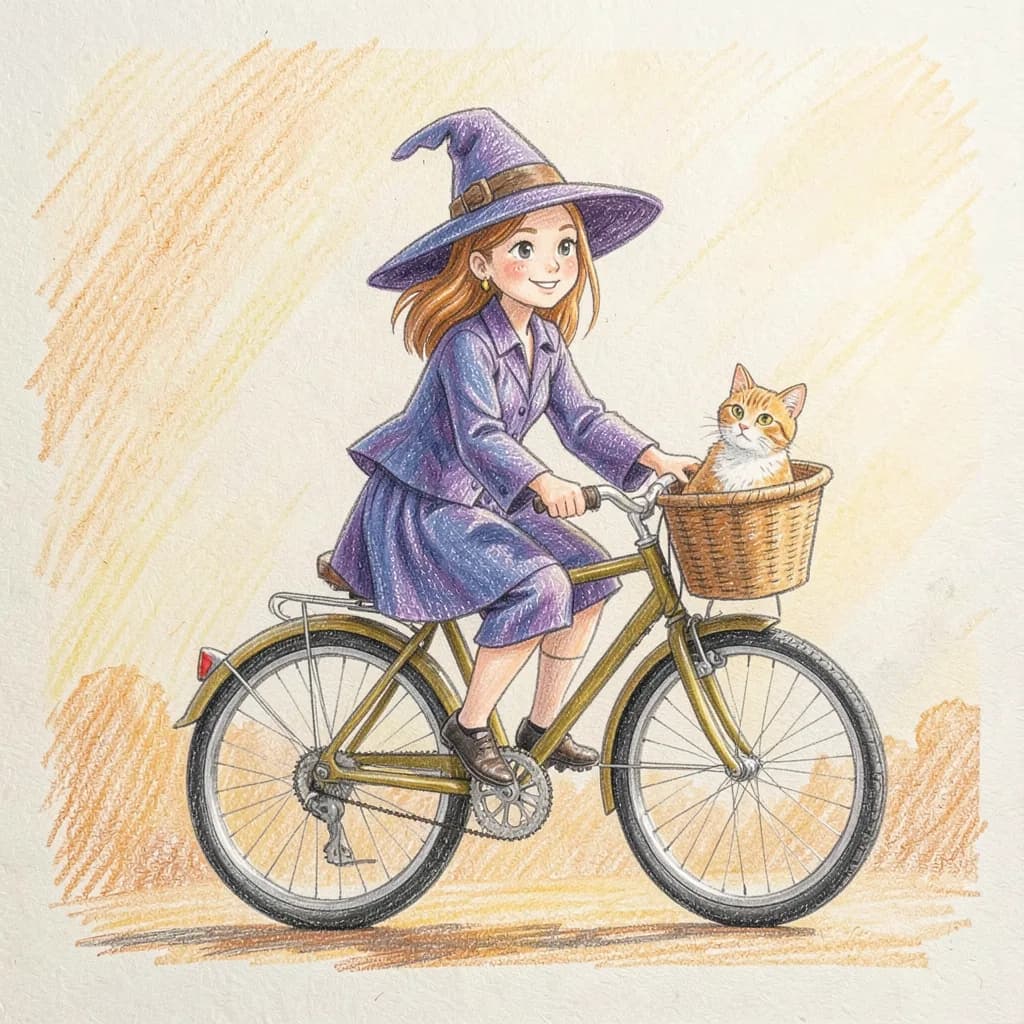 Drawing reference: A witch riding a bicycle with her cat in the basket — Medium Characters sketch
