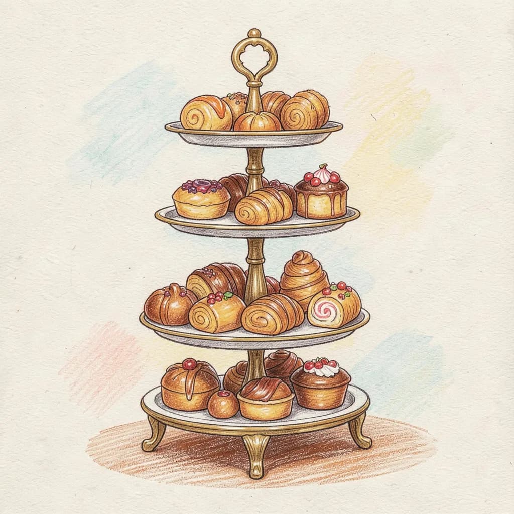 Drawing reference: An elaborate afternoon tea tower loaded with pastries — Hard Food sketch