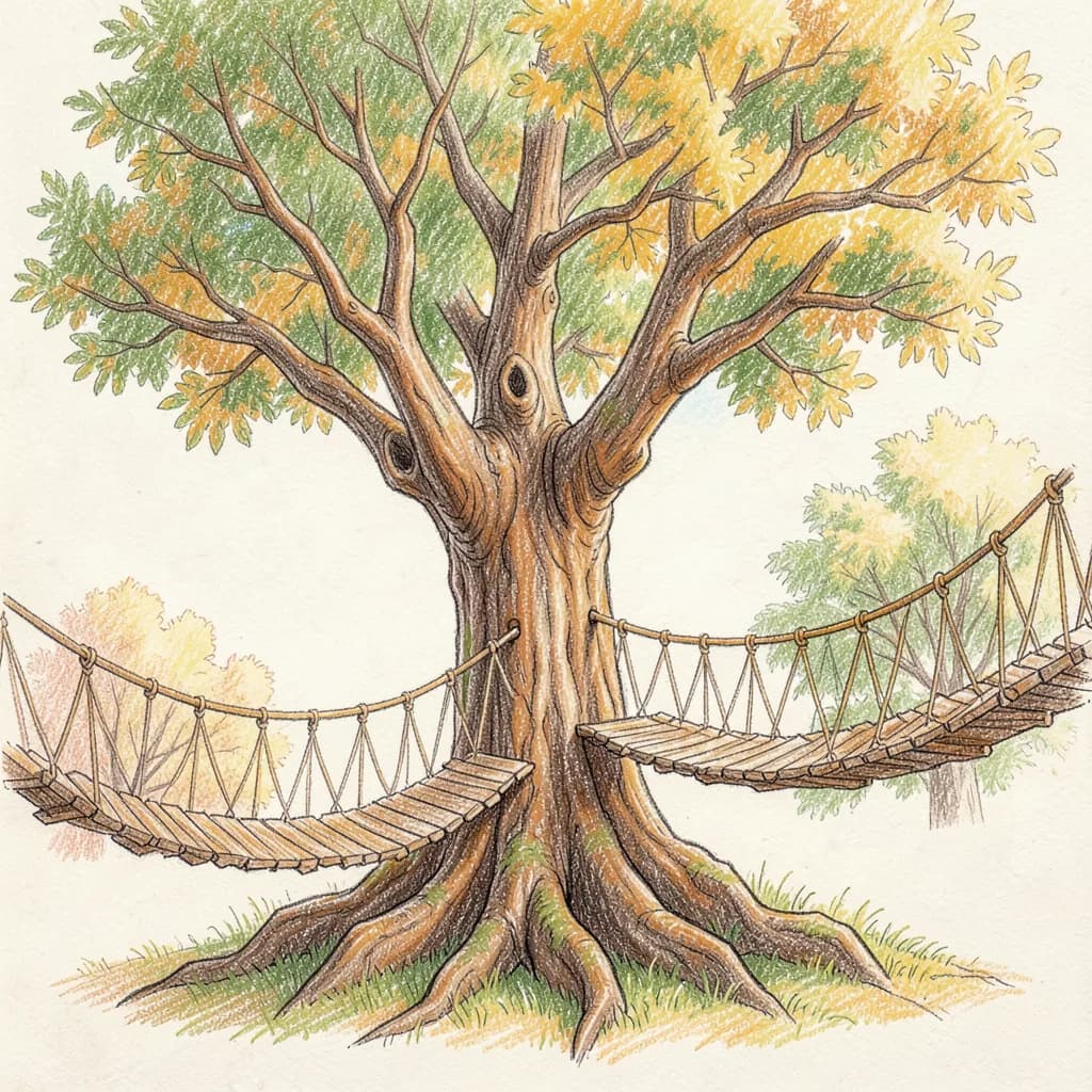 Drawing reference: An ancient tree city connected by rope bridges — Hard Fantasy sketch