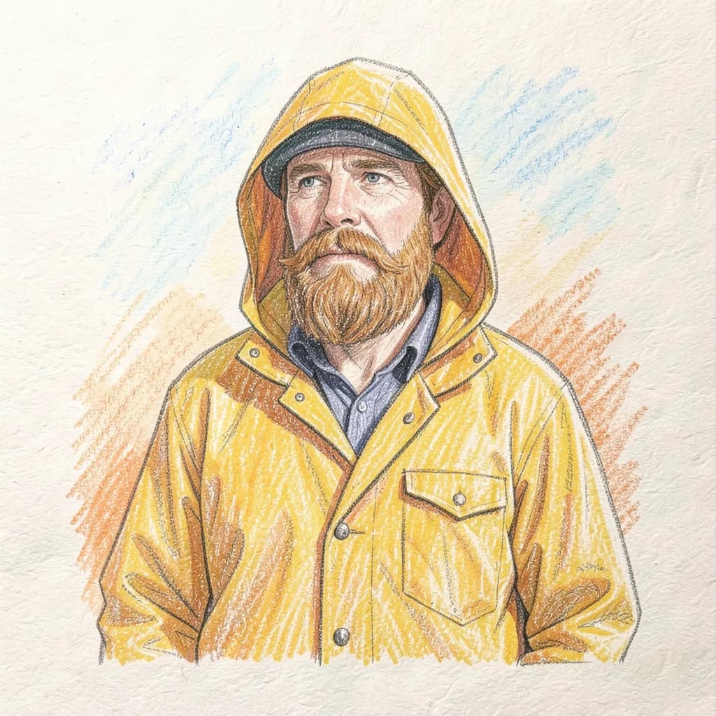 Drawing reference: A bearded fisherman in a yellow raincoat — Easy Characters sketch