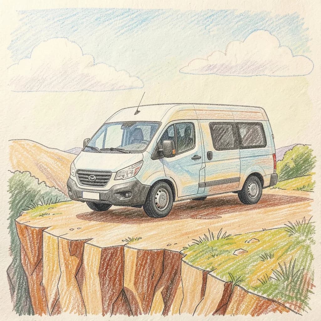 Drawing reference: A camper van parked at a cliffside overlook — Medium Vehicles sketch