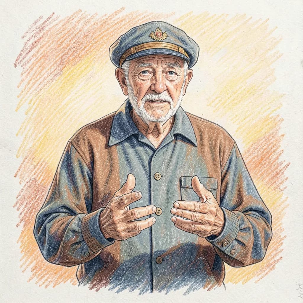 Drawing reference: An elderly sailor telling a story, hands mid-gesture — Hard Characters sketch