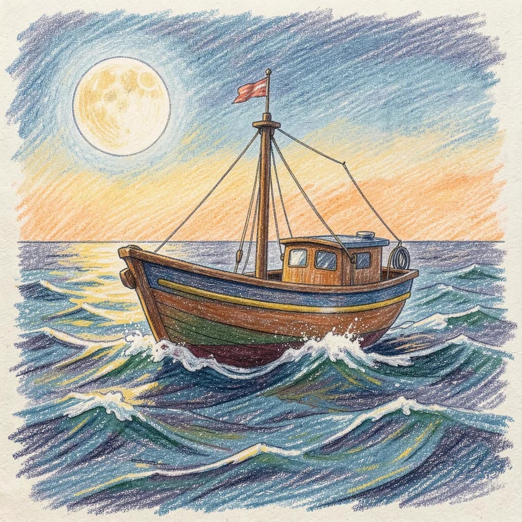Drawing reference: A small fishing boat in rough moonlit waves — Hard Vehicles sketch