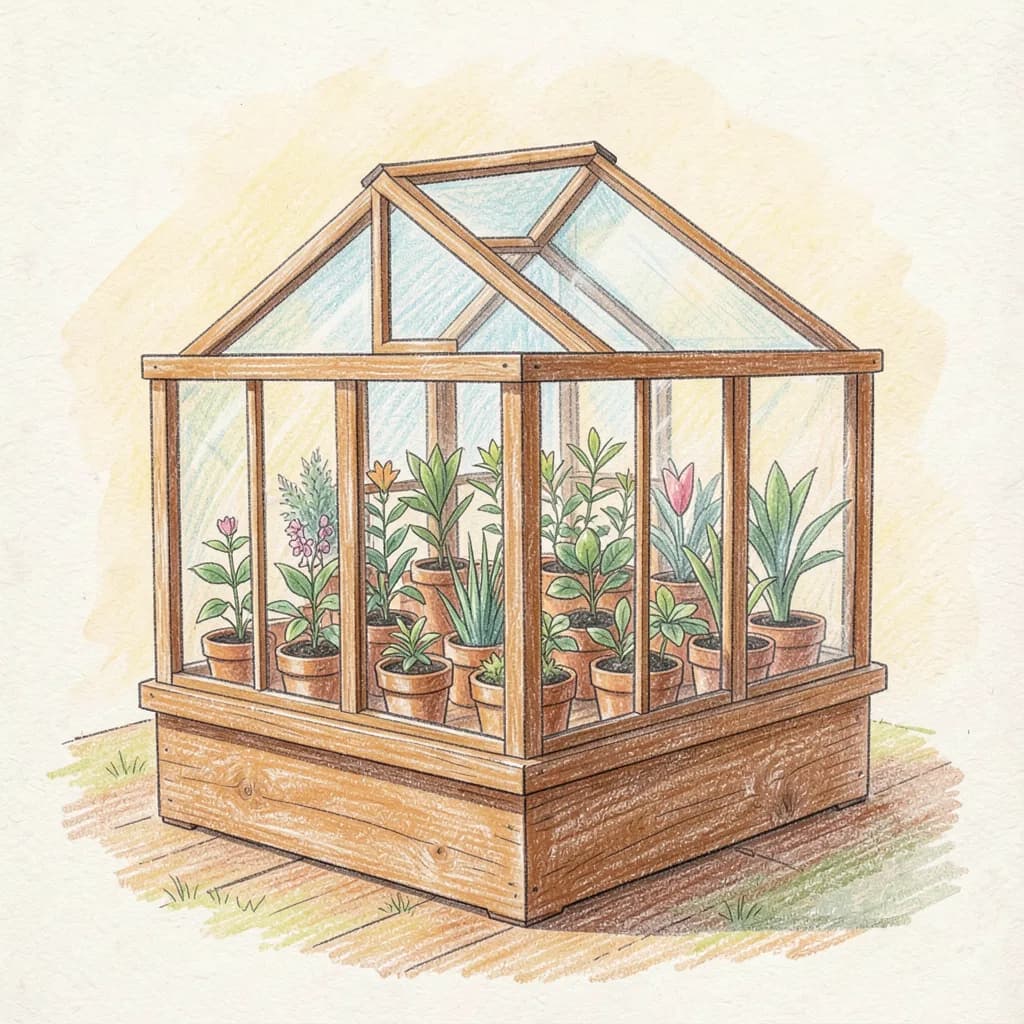 Drawing reference: A greenhouse cabinet full of tiny potted plants — Hard Objects sketch