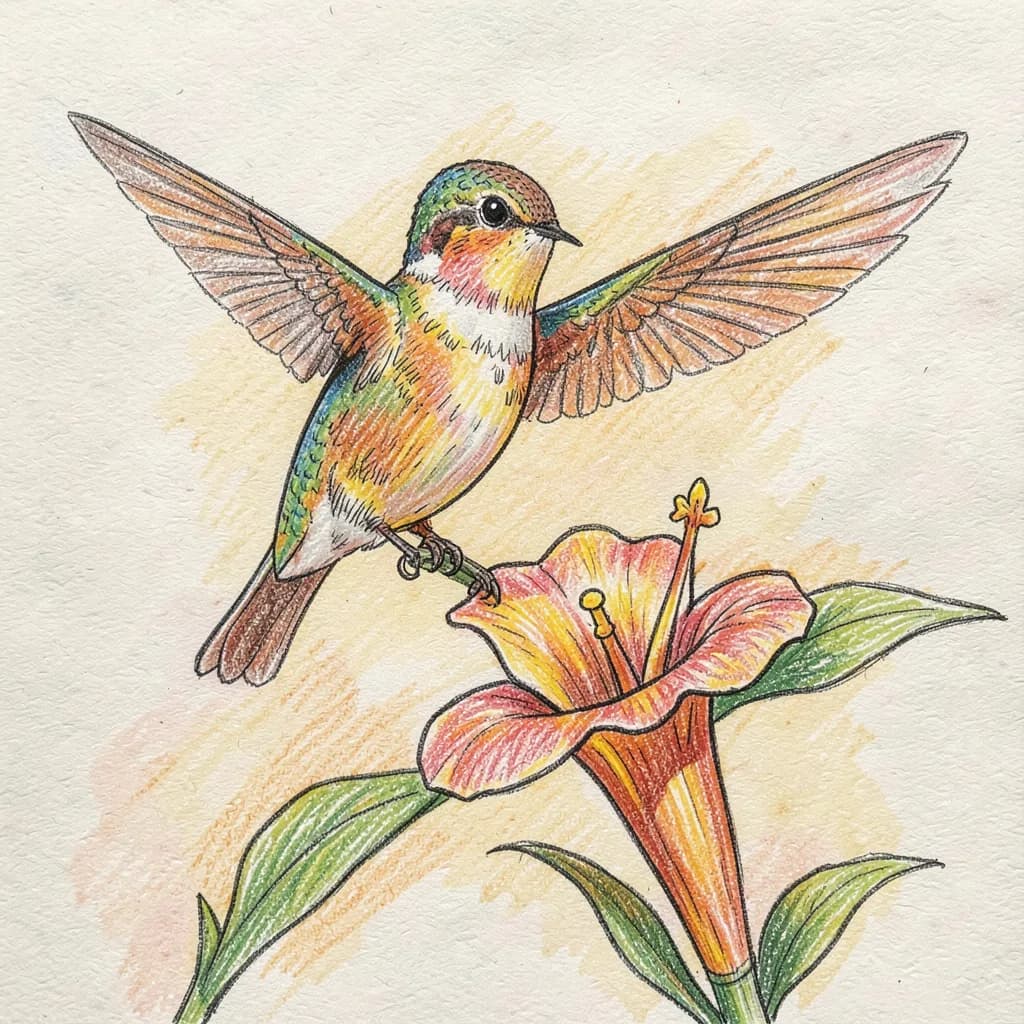 Drawing reference: A hummingbird hovering at a trumpet flower — Hard Animals sketch
