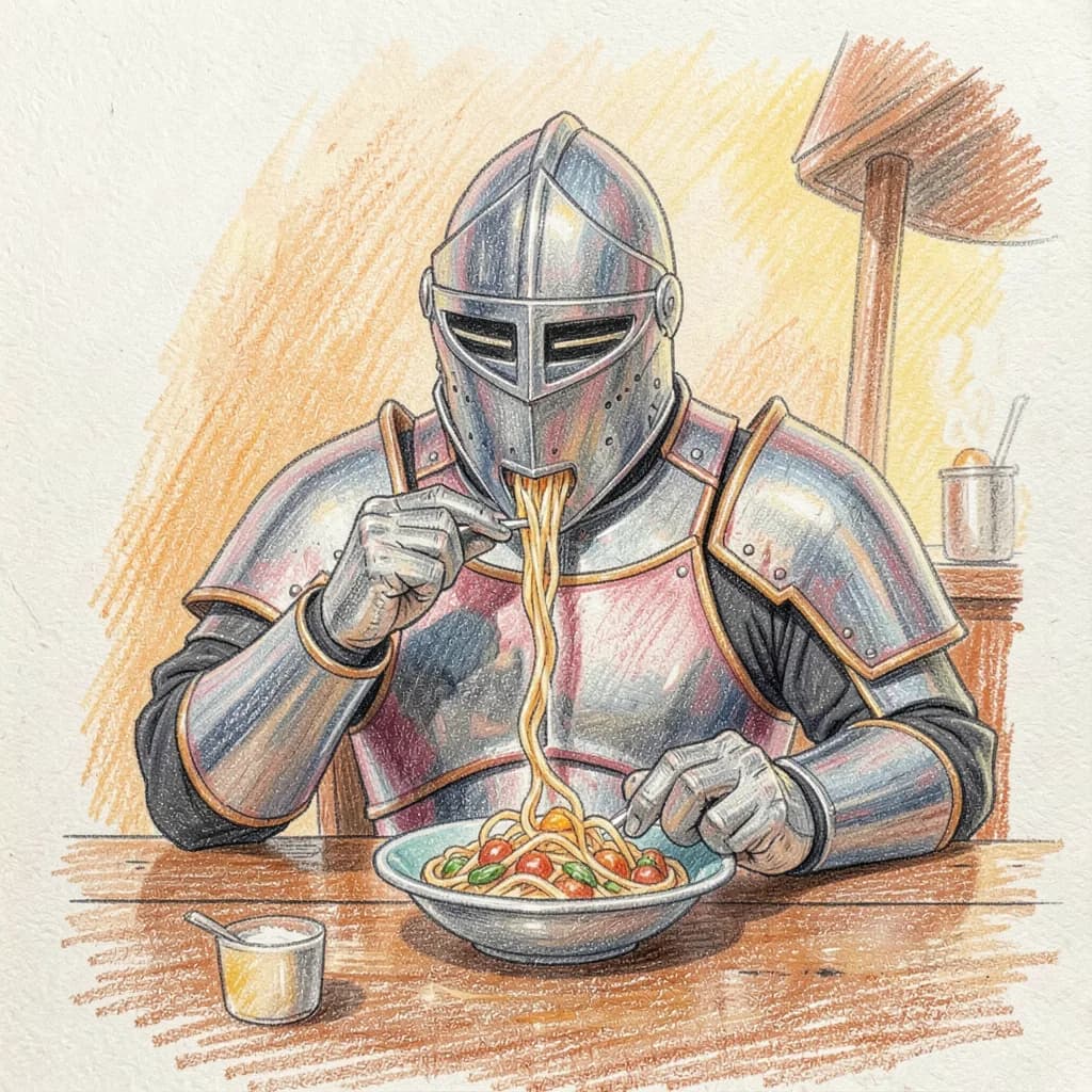 Drawing reference: A knight in armor eating noodles at a street stall — Medium Characters sketch