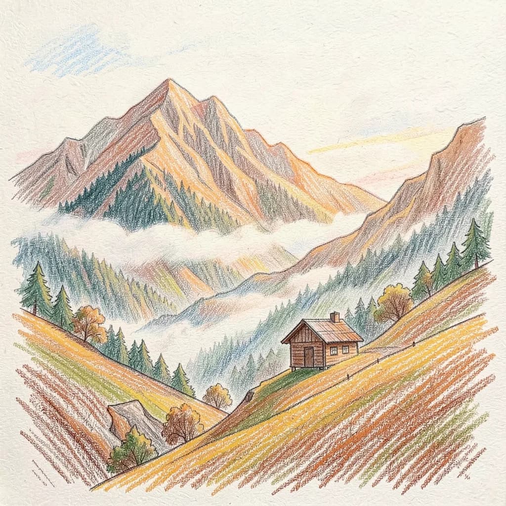 Drawing reference: A mountain valley with layered mist and a tiny cabin — Hard Nature sketch