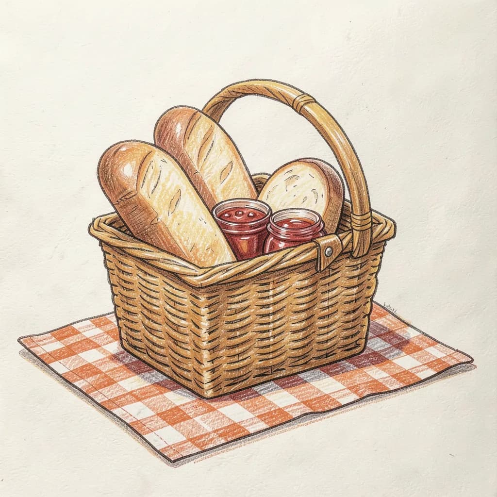 Drawing reference: A picnic basket with bread and jam on a gingham blanket — Medium Food sketch