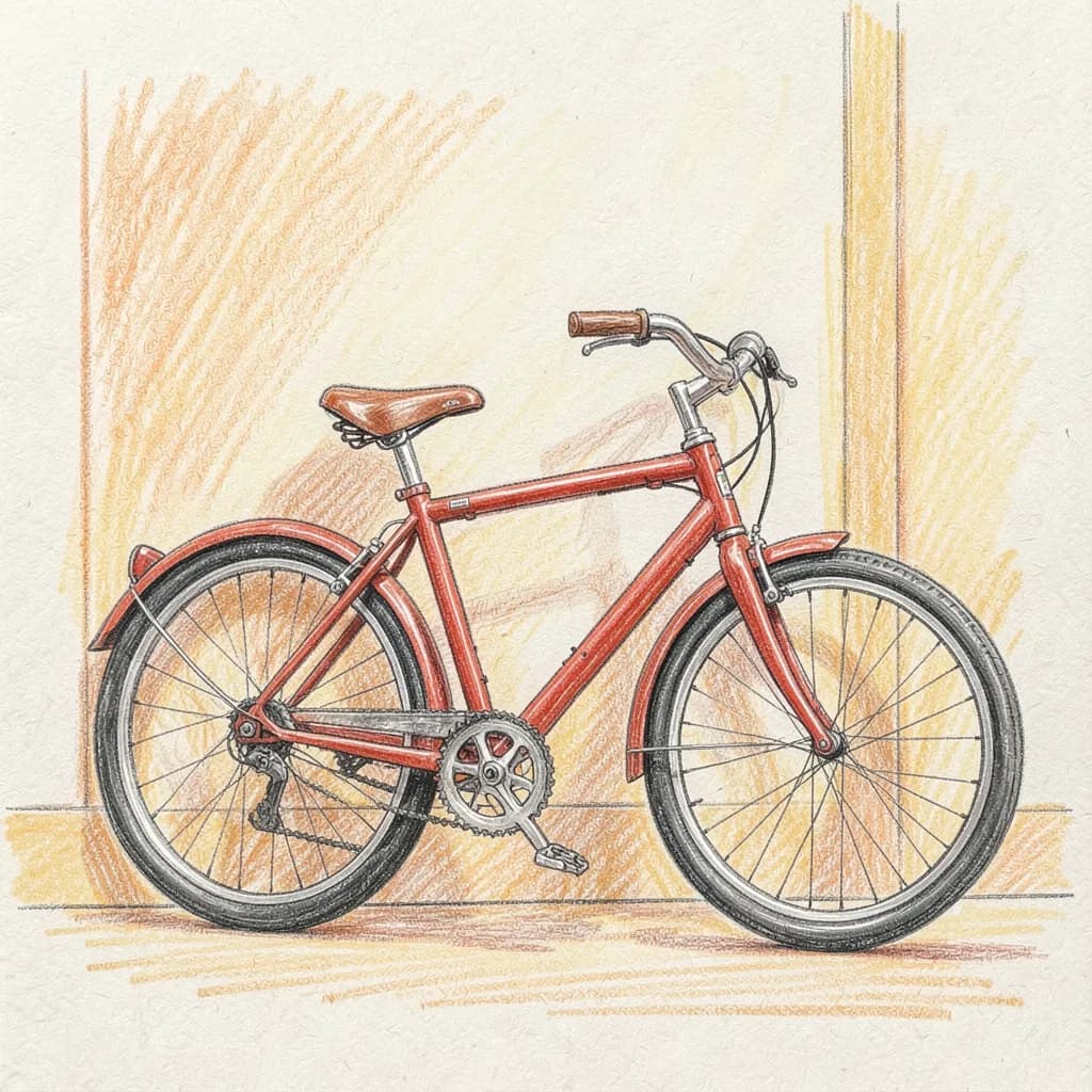 Drawing reference: A red bicycle leaning against a wall — Easy Vehicles sketch