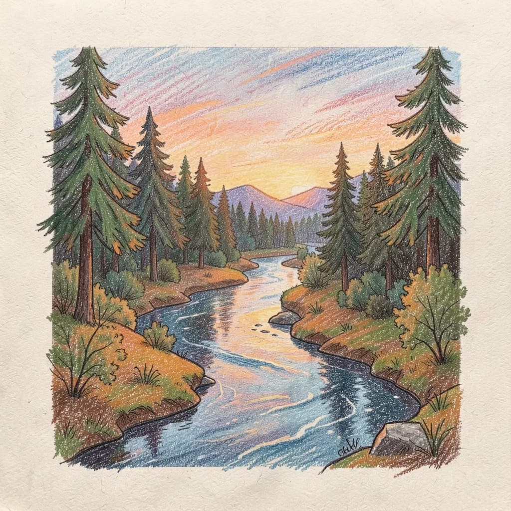 Drawing reference: A winding river through a pine forest at dusk — Medium Nature sketch