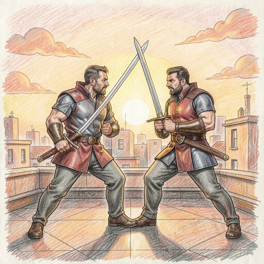 Drawing reference: Two rivals in a sword stance on a rooftop at sunset — Hard Anime sketch