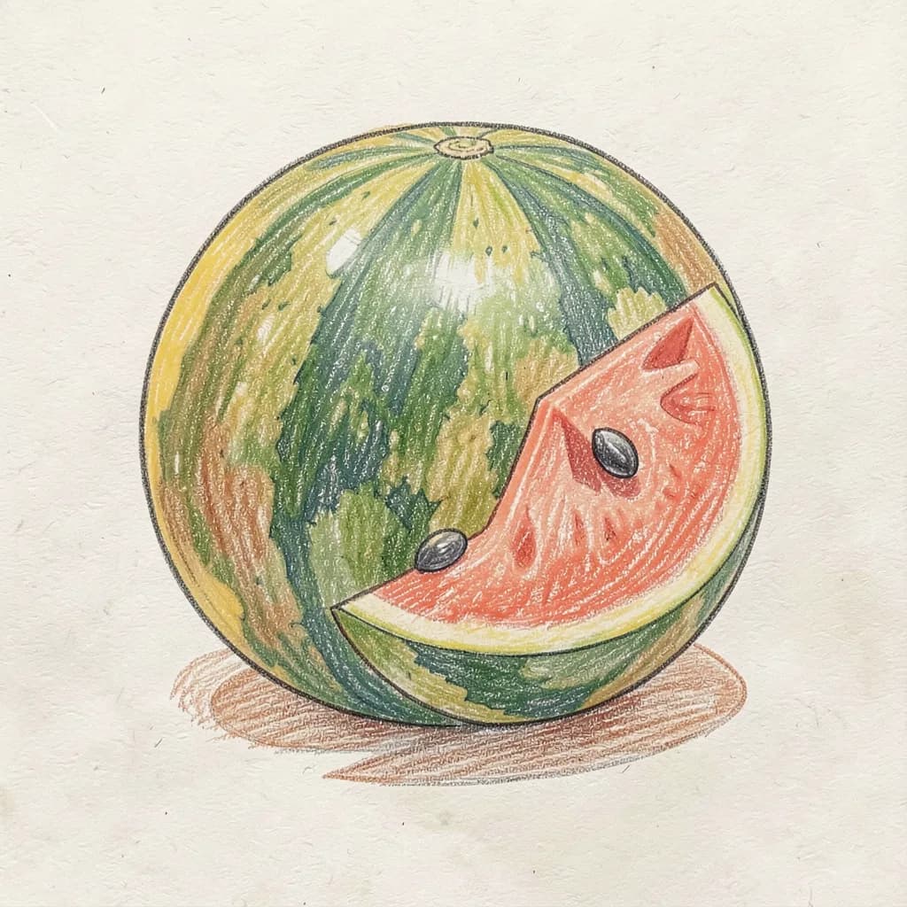 Drawing reference: A slice of watermelon with three seeds — Easy Food sketch