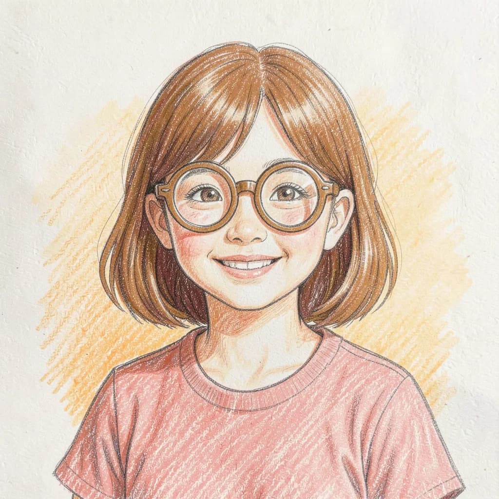 Drawing reference: A smiling girl with oversized round glasses — Easy Characters sketch