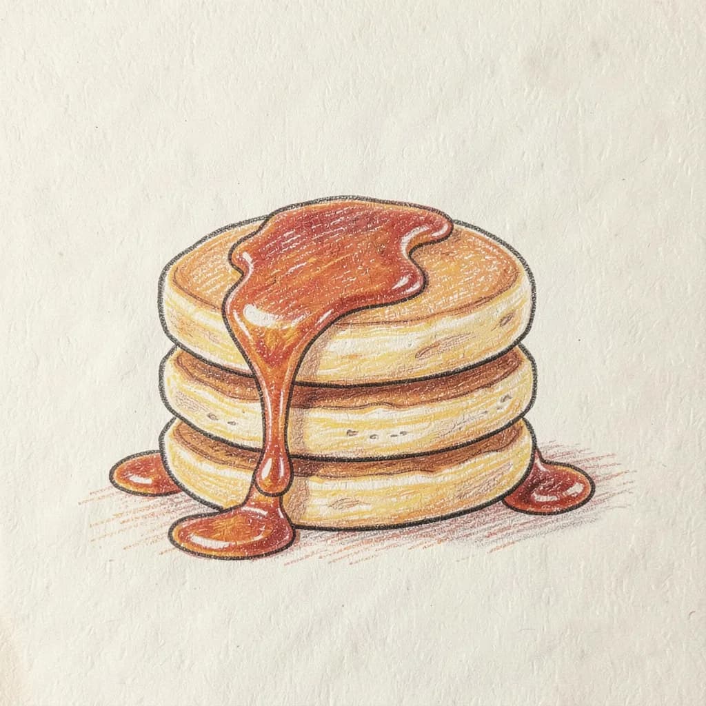 Drawing reference: A stack of pancakes with dripping syrup — Easy Food sketch
