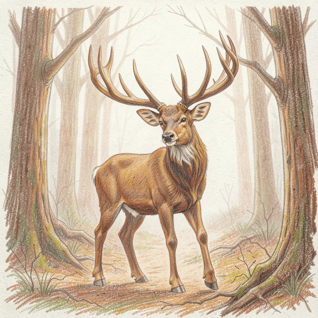 Drawing reference: A stag with elaborate antlers in a foggy forest — Hard Animals sketch
