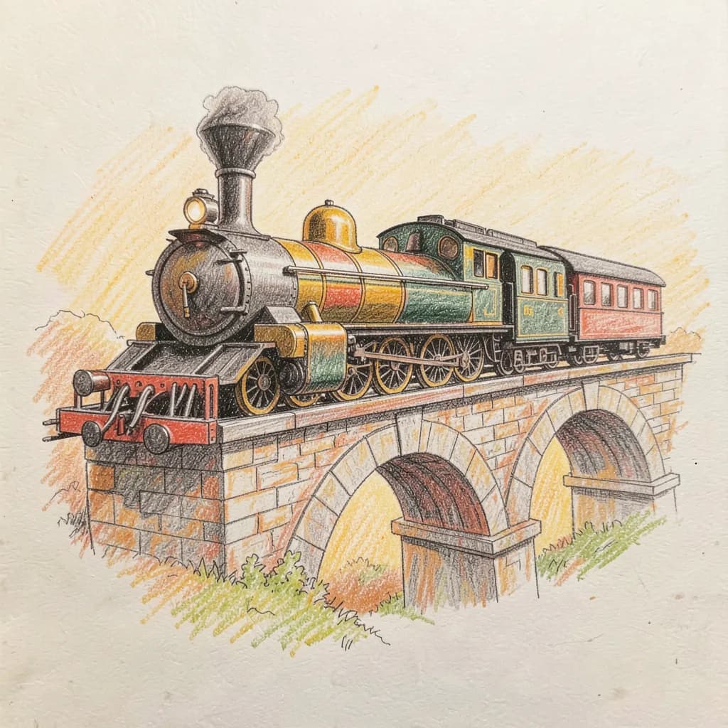 Drawing reference: A steam locomotive crossing a stone viaduct — Hard Vehicles sketch