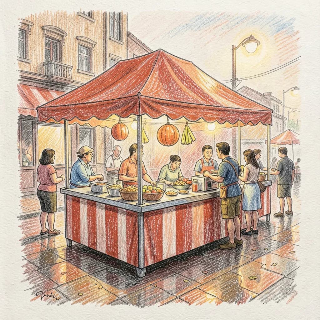 Drawing reference: A bustling street food stall glowing at night — Hard Food sketch