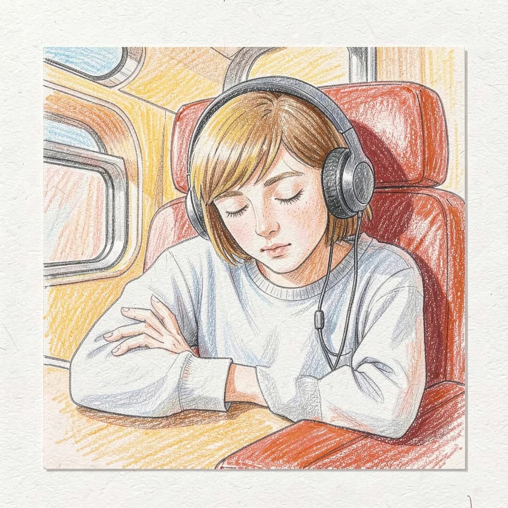 Drawing reference: A student napping on a train, headphones on — Medium Anime sketch