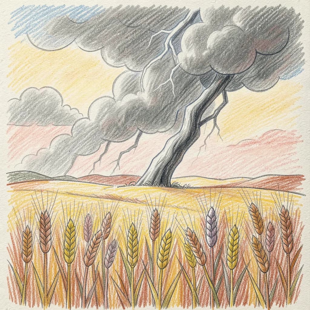 Drawing reference: A thunderstorm rolling over a wheat field — Hard Nature sketch