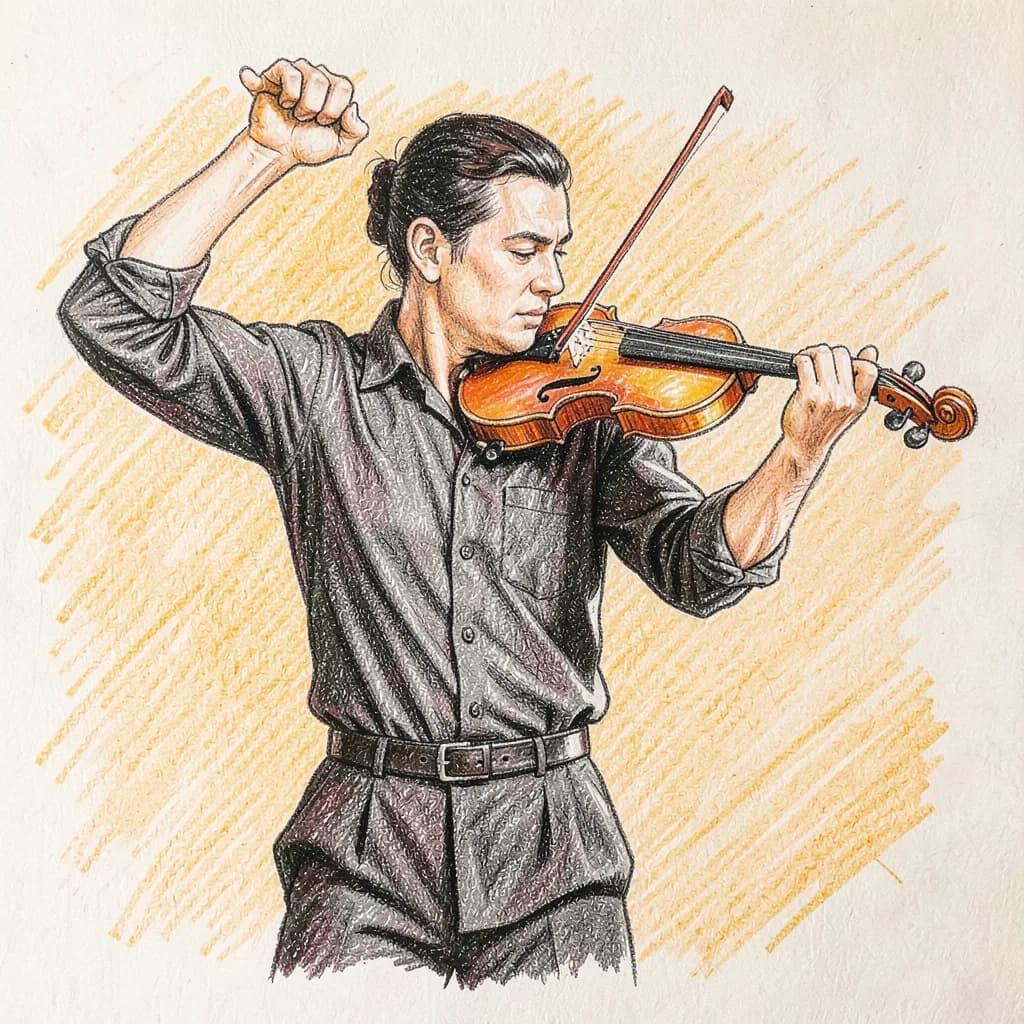 Drawing reference: A violinist mid-performance, motion in the bow — Hard Characters sketch
