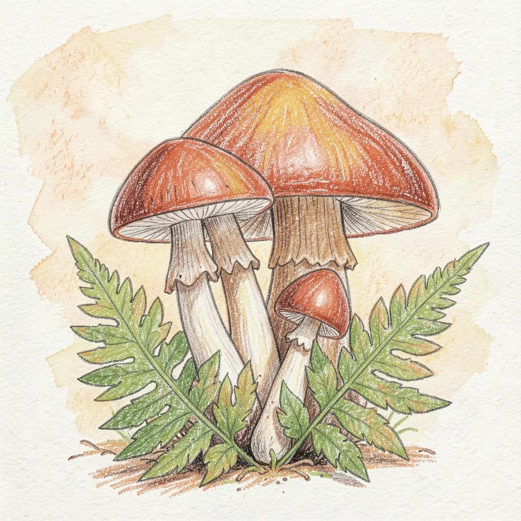 Drawing reference: A cluster of wild mushrooms under a fern — Medium Nature sketch