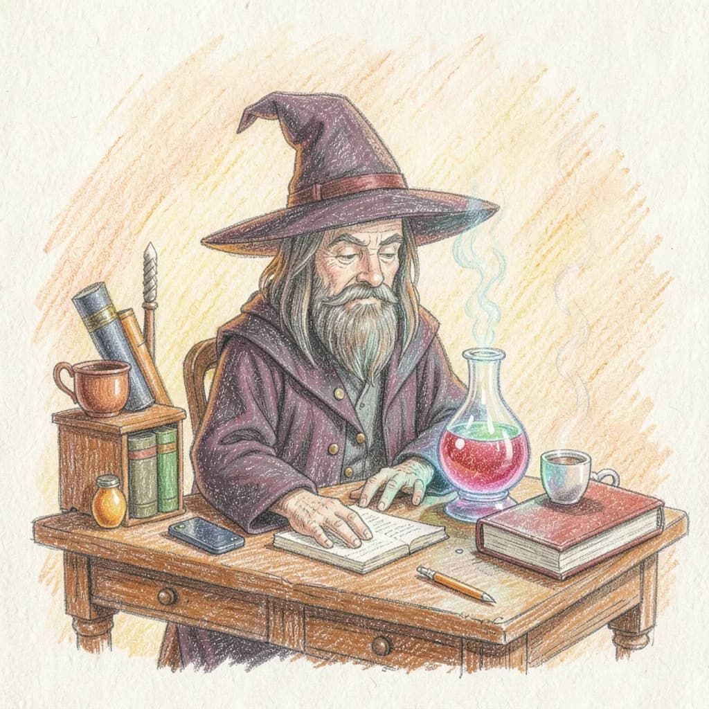 Drawing reference: A wizard's cluttered desk with a bubbling potion — Medium Fantasy sketch